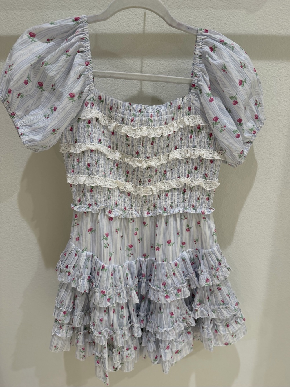 LoveShackFancy White Floral Smocked Mini Dress with Pink Roses